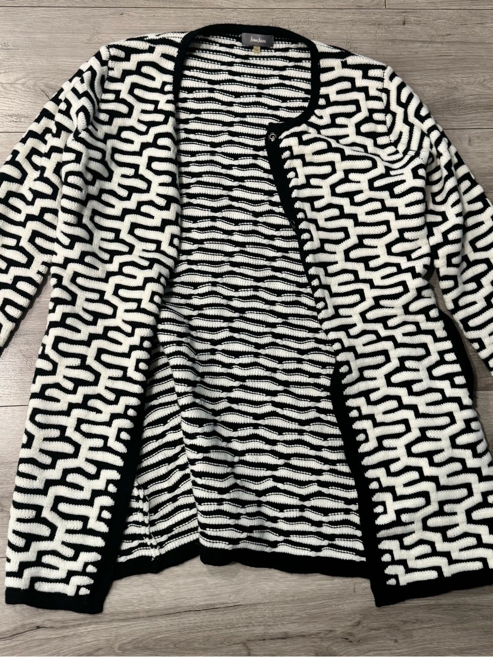 Neiman Marcus Black & White Geometric Knit Cardigan